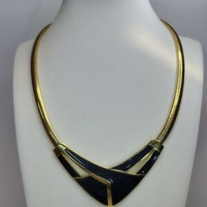 90s Trifari Black Enamel Gold Snake Coil Chain.